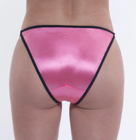 Pink Hi-Cut Satin String Bikini Panty with Black Trim - Lexington Intimates