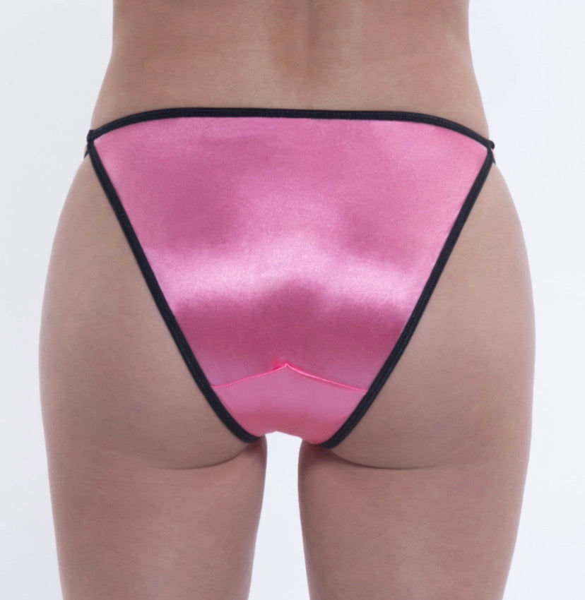 Pink Hi-Cut Satin String Bikini Panty with Black Trim - Lexington Intimates